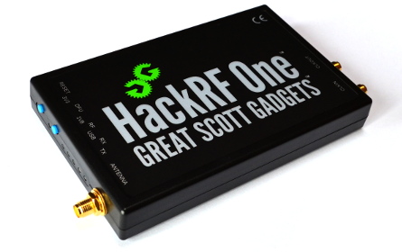 HackRF One software defined radio by Great Scott Gadgets, in a black metal case with antenna connector